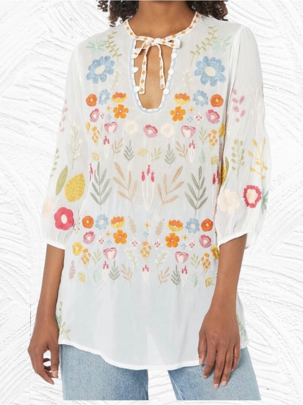 Johnny Was MIKAH Tunic Blouse in White Large Floral Embroidered